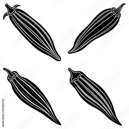 Four okra pods arranged in a square with black and white vector illustration style and simple background