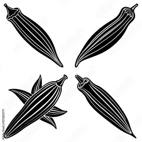 Four stylized okra pods arranged in a symmetrical pattern on a white background design element