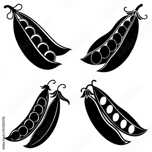 Four black and white pea pods with visible peas inside arranged in a square pattern design
