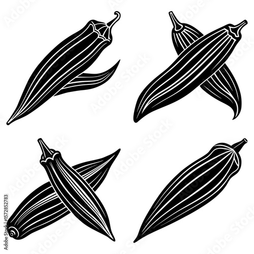 Monochrome illustration of four okra pods in various orientations on a white background surface area