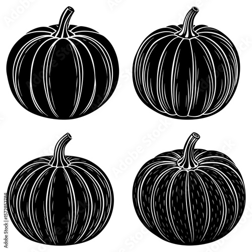 Four pumpkins in black and white with detailed lines and stems arranged in a square pattern design
