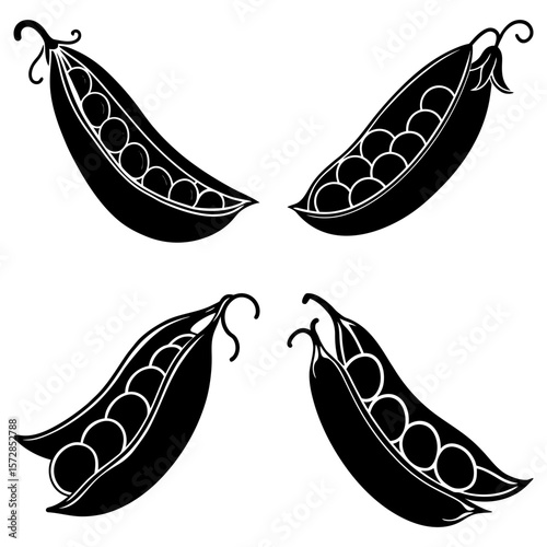 Four black and white pea pods arranged symmetrically with visible peas inside each pod in a simple design