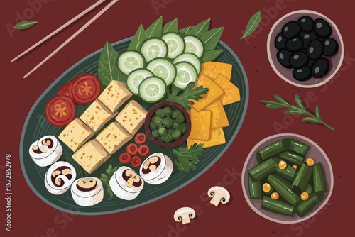 An overhead vector illustration of a plant-based tapas dinner featuring tofu dishes.