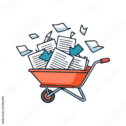  Cartoon Wheelbarrow Overflowing with Flying Office Documents Illustration