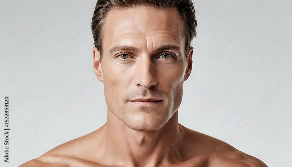 Obraz premium Detailed portrait of a man with symmetrical face and clear skin. Ideal for premium skincare visuals.