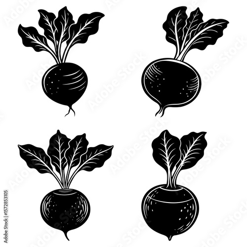 Four stylized black and white beets with leafy tops in varying orientations and line details are shown
