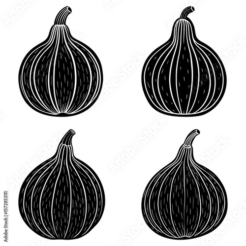 Four stylized figs with black outlines and white stripes arranged in a square pattern design element