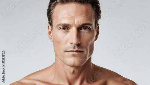 Detailed portrait of a man with symmetrical face and clear skin. Ideal for premium skincare visuals.