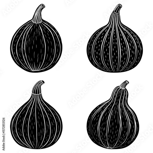 Four black and white stylized gourds with vertical lines and stems in a square arrangement design