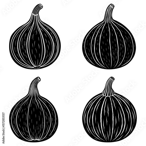 Four stylized black and white fig illustrations arranged in a square pattern on white background