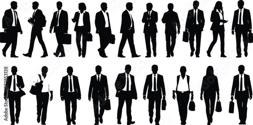 Dynamic Professional Silhouettes: Diverse Business People Walking, Standing, and Collaborating with Briefcases and Modern Attire for Corporate Success