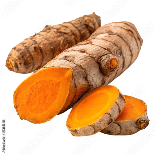 Fresh Turmeric Root: Close-Up of Whole & Sliced Raw Turmeric Rhizome, Vibrant Orange Interior, Healthy Cooking Ingredient, Isolated on White
