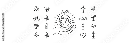 Line Art Hand Holding Earth with Plant Sprout, Ecology and Nature Icons Set