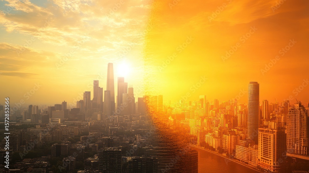Fototapeta premium Sunset Over City Skyline: A Fiery Urban Panorama