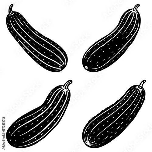 Four stylized black and white zucchini vegetables arranged in a symmetrical pattern on plain background