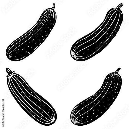 Illustration of four black and white zucchini vegetables arranged in a symmetrical pattern design style