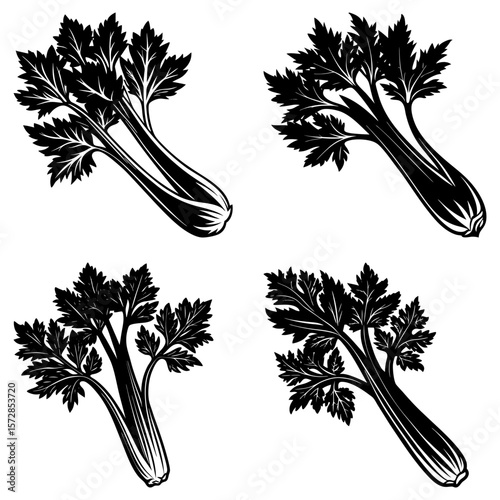 Four black and white celery stalks with leafy tops arranged on a white background in a pattern design