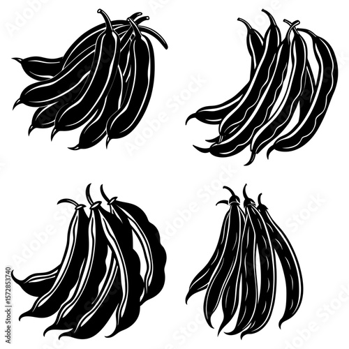 Four bunches of black and white string beans arranged in a square format on a white background