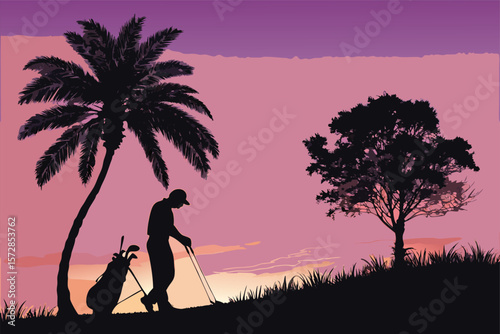 Vector silhouette of a golf caddy with clubs.