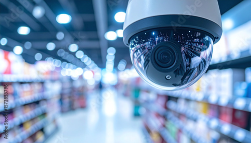 Modern CCTV dome camera installed in brightly lit retail store – smart surveillance for security and monitoring