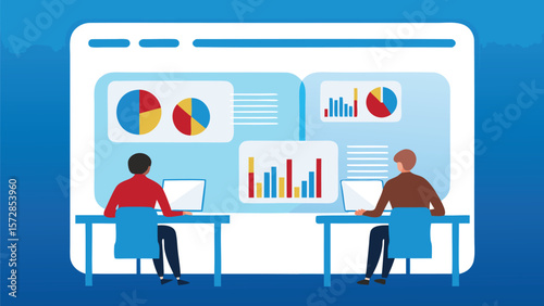 Two people analyzing data charts on a large screen with laptops at desks in a blue and white office space