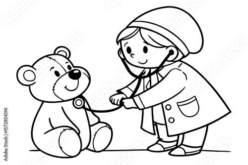 Line art of a child dressed as a doctor checking a teddy bear’s heartbeat, cute style, designed as a coloring page for kids, thick outlines