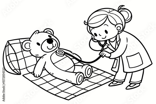 Line art of a child dressed as a doctor checking a teddy bear’s heartbeat, cute style, designed as a coloring page for kids, thick outlines