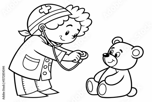 Line art of a child dressed as a doctor checking a teddy bear’s heartbeat, cute style, designed as a coloring page for kids, thick outlines