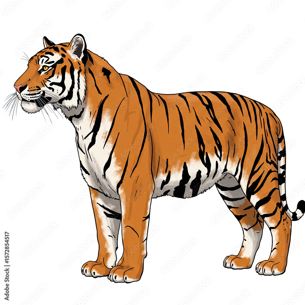 Obraz premium Majestic Tiger Portrait: A detailed illustration of a regal tiger standing in profile, showcasing its striking orange and black stripes.