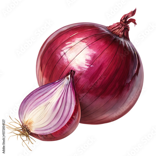 Red Onion Still Life: Fresh Whole & Sliced Red Onions, Detailed Close-Up, Healthy Cooking Ingredient, Culinary Food Photography