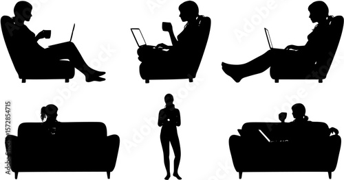 Silhouette of Woman Relaxing with Coffee and Laptop
