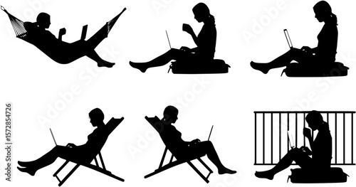 Silhouette of Woman Relaxing with Coffee and Laptop
