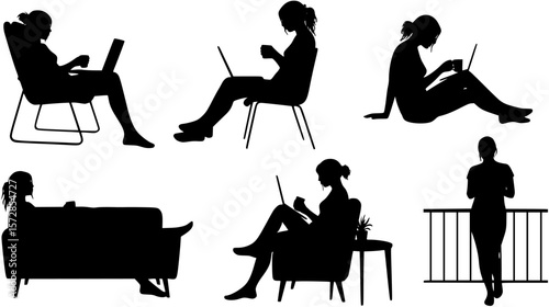 Silhouette of Woman Relaxing with Coffee and Laptop
