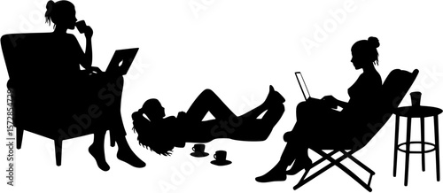 Silhouette of Woman Relaxing with Coffee and Laptop
