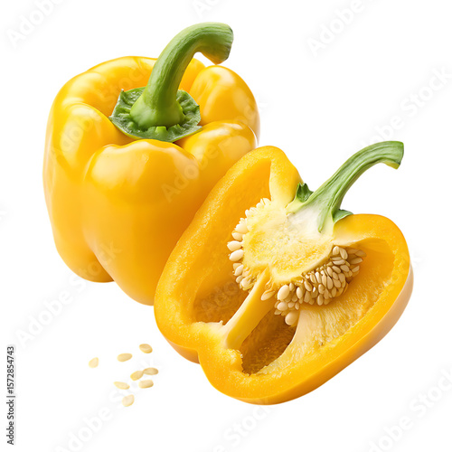 Fresh Yellow Bell Pepper Isolated: Whole & Halved Capsicum with Seeds, Close-Up Vegetable Still Life, Healthy Eating Ingredient