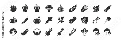 Silhouette Vegetable Icons Set, Tomato, Bell Pepper, Broccoli, Garlic, Peas, Corn