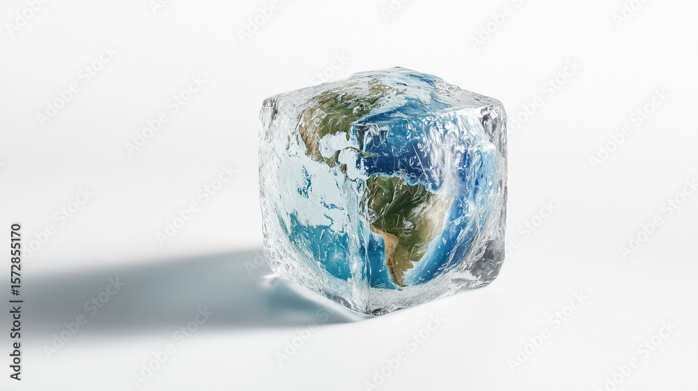 Earth in a transparent ice cube, symbolizing climate stasis. Earth in a transparent ice cube, symbolizing climate stasis.
