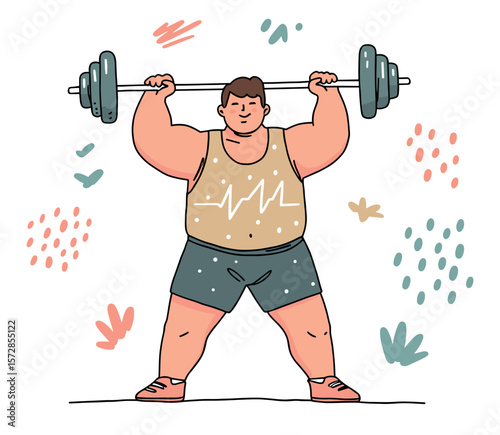 Strong man lifting weights in a cheerful and dynamic fitness environment