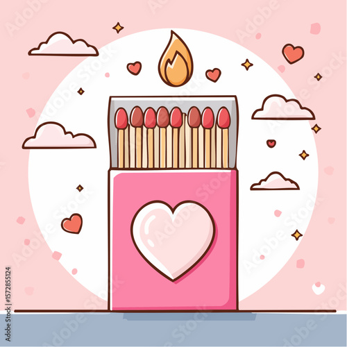 Pink romantic matchbook with burning heart illustration and cute phrase. Doodle matches in open box. Valentine day gift. Y2k girly drawing. Vector graphic