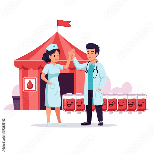 Healthcare professionals high five at blood donation event