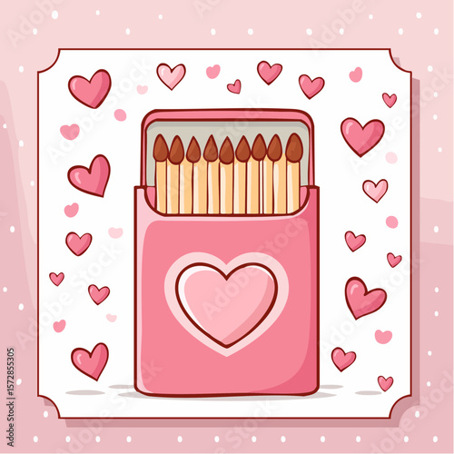 Pink romantic matchbook with burning heart illustration and cute phrase. Doodle matches in open box. Valentine day gift. Y2k girly drawing. Vector graphic