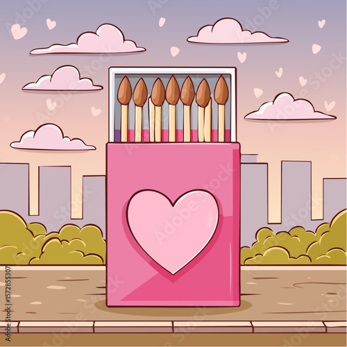 Pink romantic matchbook with burning heart illustration and cute phrase. Doodle matches in open box. Valentine day gift. Y2k girly drawing. Vector graphic