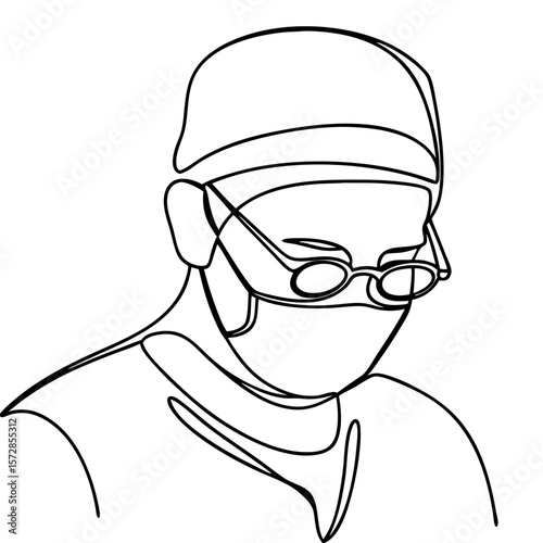 Surgeon wearing mask and glasses in line drawing style to illustrate healthcare. Surgeon wearing mask and glasses depicts medical worker during operation, showing concentration, professional approach.
