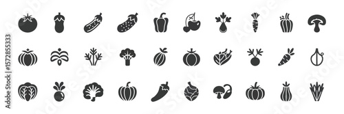 Vegetable Icon Set with Transparent Background, Glyph Style, Food Ingredient Collection