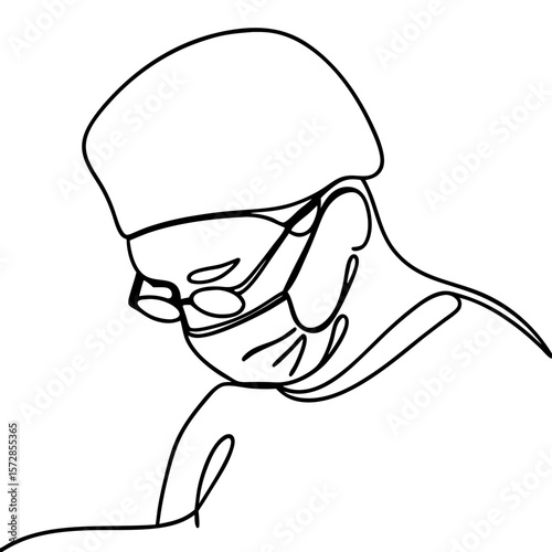 Surgeon wearing mask and glasses in minimalist line art illustration, depicting a dedicated doctor with focused expression. Surgeon wearing mask and glasses communicates professionalism and care.