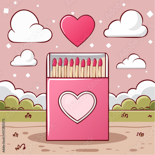 Pink romantic matchbook with burning heart illustration and cute phrase. Doodle matches in open box. Valentine day gift. Y2k girly drawing. Vector graphic