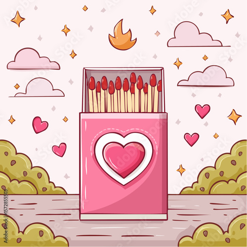 Pink romantic matchbook with burning heart illustration and cute phrase. Doodle matches in open box. Valentine day gift. Y2k girly drawing. Vector graphic