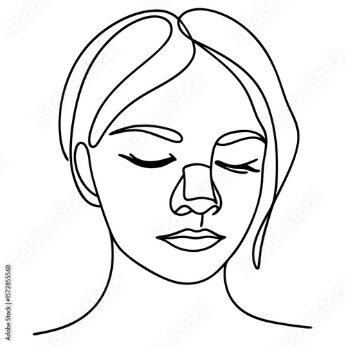 Depicting woman with nose bandage in minimalist style. Showing woman with nose bandage after rhinoplasty surgery, portrayed through simple line art with closed eyes and medical tape.