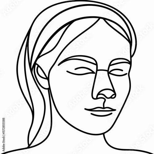 Woman with nose bandage in simple line drawing for medical use. Nose bandage supports and protects woman after rhinoplasty or cosmetic surgery, showcasing recovery, care, and healing.