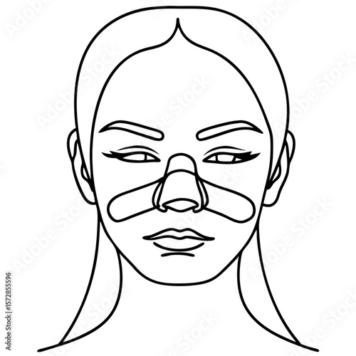 Woman with nose bandage in outlined monochrome illustration. Woman with nose bandage, a face featuring medical strips, offers a sleek, minimalist representation, ideal for medical or beauty content.